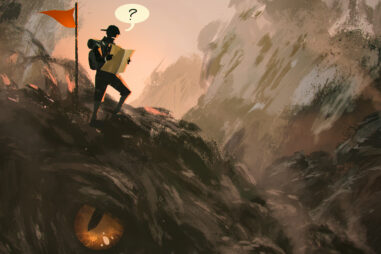 funny illustration painting showing lost hiker with backpack looking at map